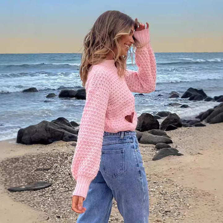 Damen Grob gestrickter Pullover mit Herzverzierungen und lockerem Schnitt Drune