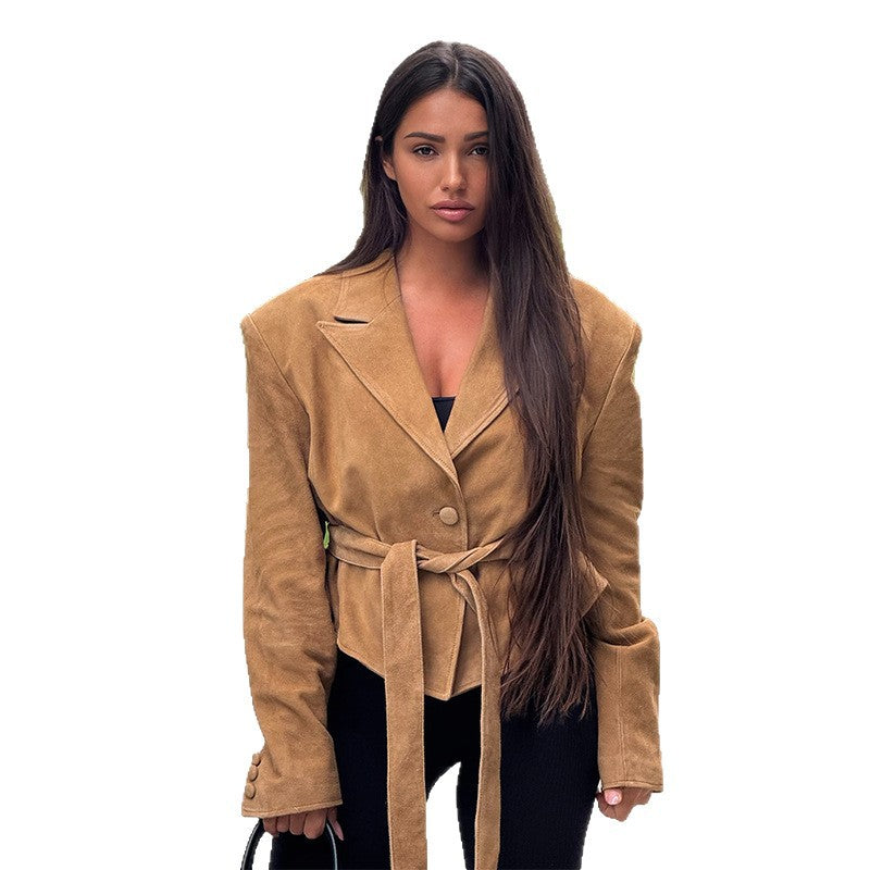 Damen Samt Blazer mit Taillengürtel Drune
