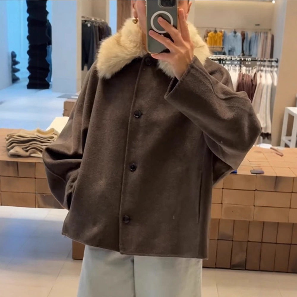 Damen elegante Oversized-Jacke mit Sherpa-Kragen Drune