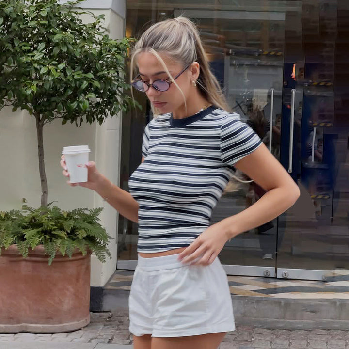 Damen Kurzarmshirt mit modernem Streifenmuster und elastischem Schnitt Drune