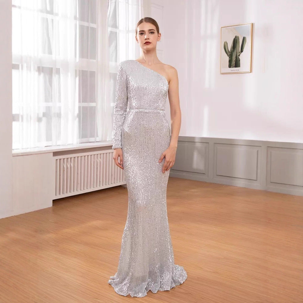 Damen Glitzerndes Elegantes Abendkleid mit schimmerndem Effekt und asymmetrischem Schnitt Drune