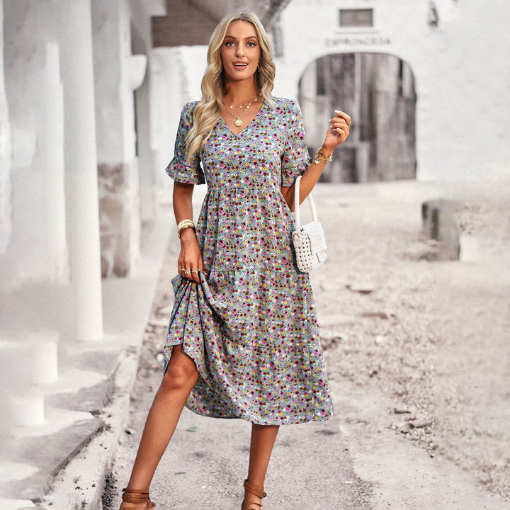 Damen Midi-Kleid mit floralem Muster und verspieltem V-Ausschnitt Drune