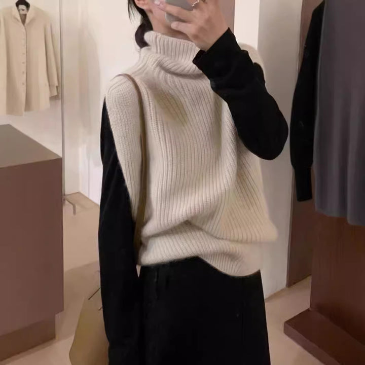Damen Stricktop mit hohem Kragen und Rippstruktur Drune