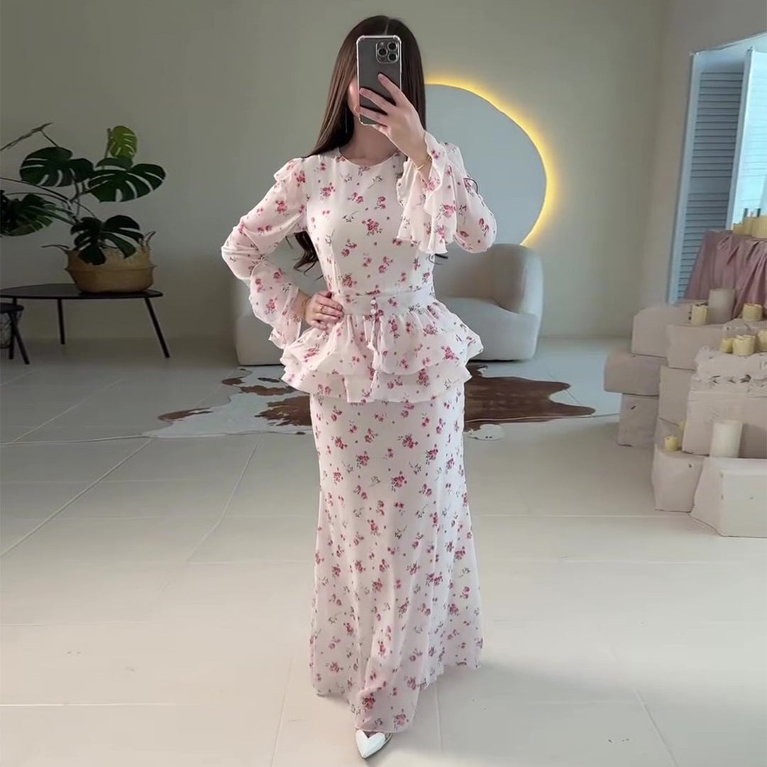 Damen Maxikleid mit voluminösem Peplum und floralen Akzenten Drune