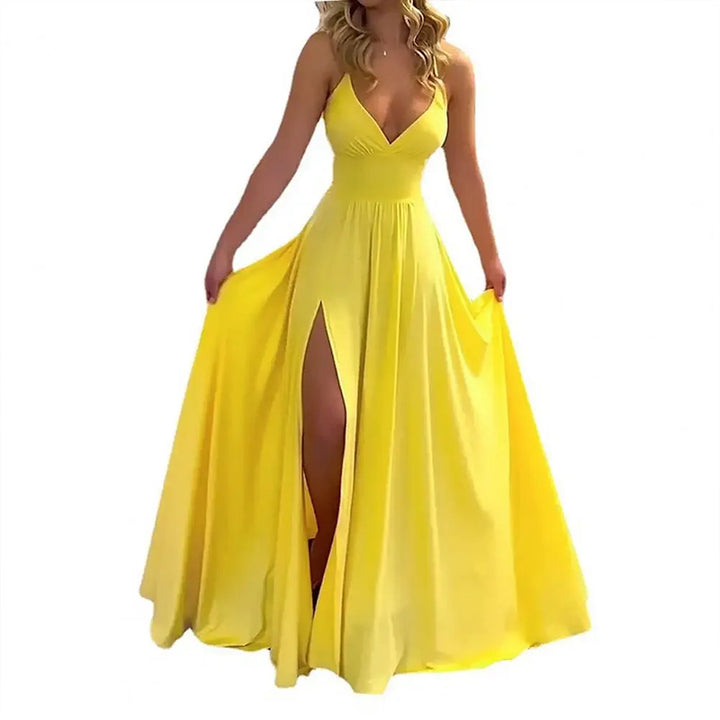 Damen Maxikleid mit tiefem V-Ausschnitt und figurbetontem Oberteil Drune