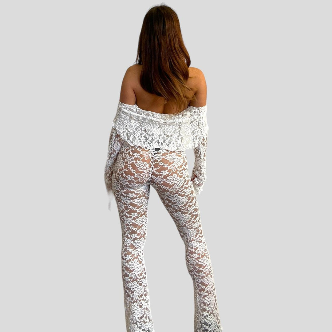 Damen Spitzen-Crop-Top mit weitem Ärmel und passenden Hose Drune