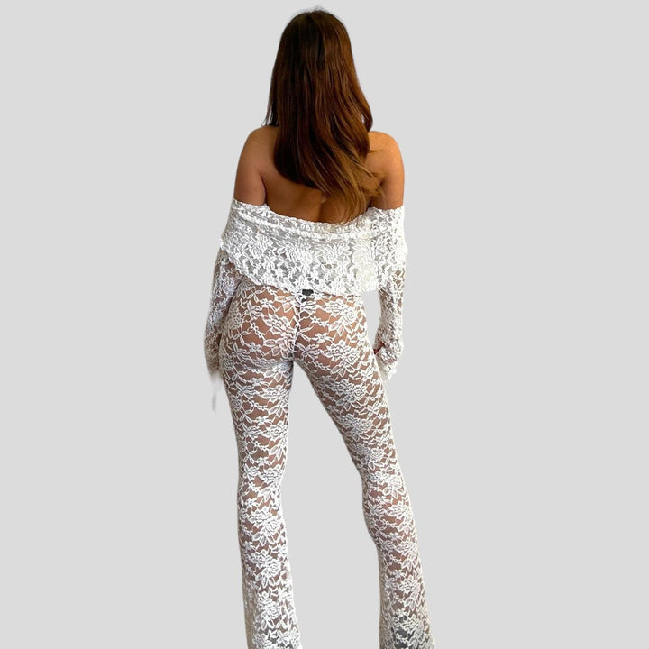 Damen Spitzen-Crop-Top mit weitem Ärmel und passenden Hose Drune