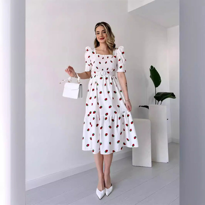 Drune | Bedrucktes, taillenbetontes U-Ausschnitt Elegantes Kleid