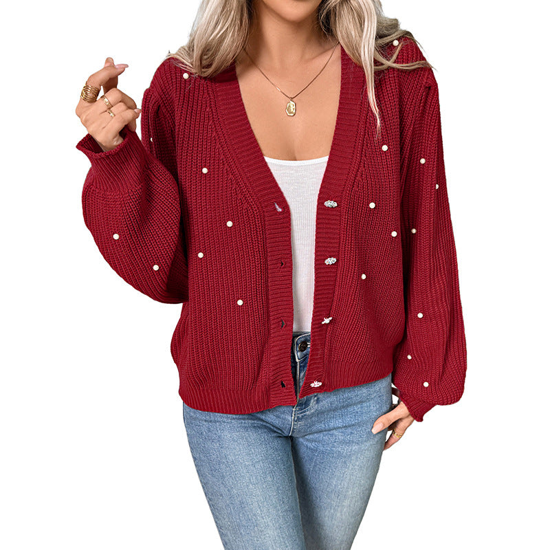 Damen gestrickte Cardigan mit dekorativen Perlen Drune