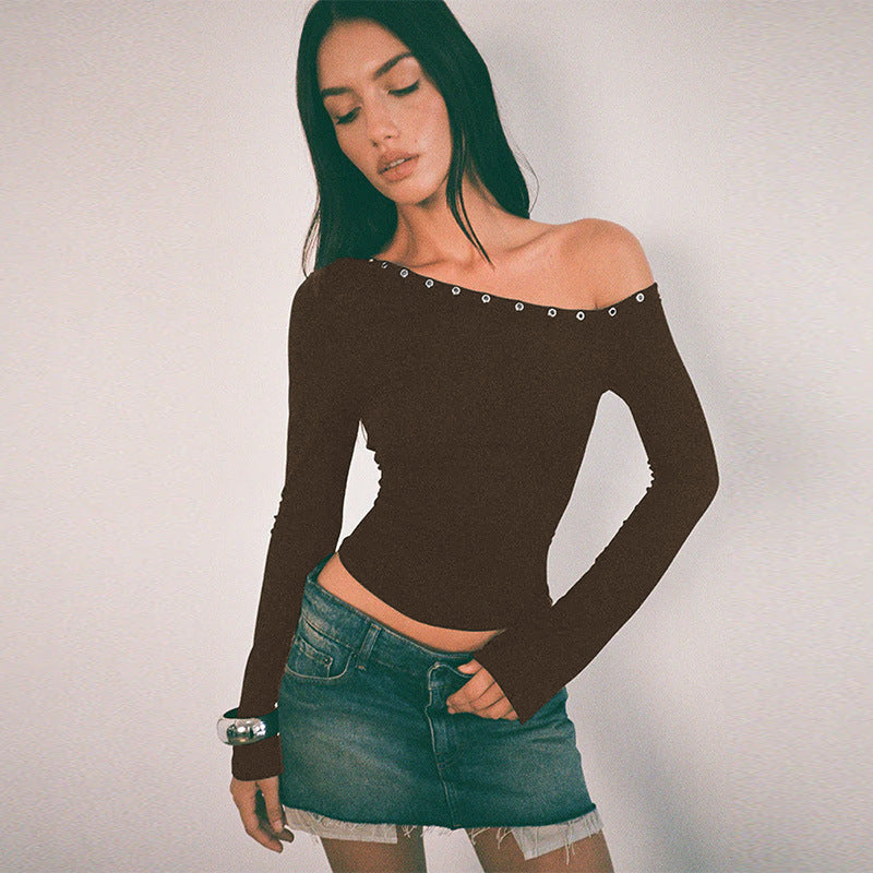 Damen Off-Shoulder Oberteil mit modischen Knöpfen und figurbetontem Schnitt Drune