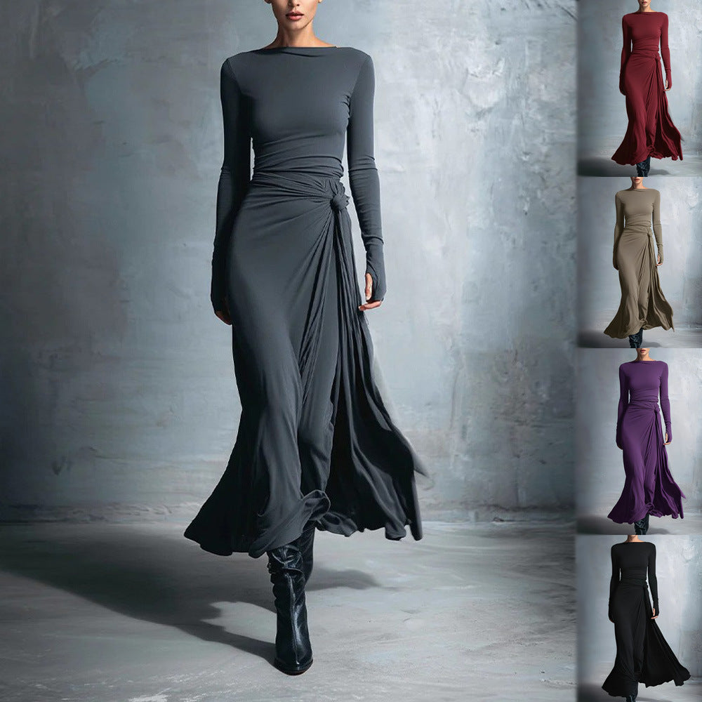 Damen elegantes Abendkleid mit langem Arm und Wickeldesign Drune