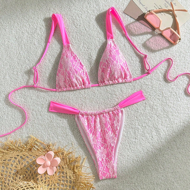 Damen Triangel-Bikini mit filigranem Floral-Design und verstellbaren Trägern Drune