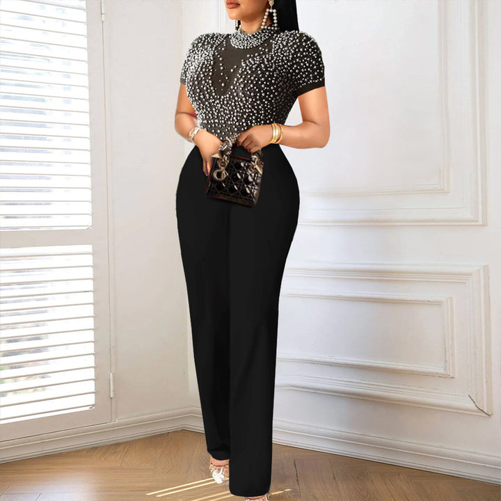 Damen eleganter Jumpsuit mit schimmerndem Perlen-Besatz Drune