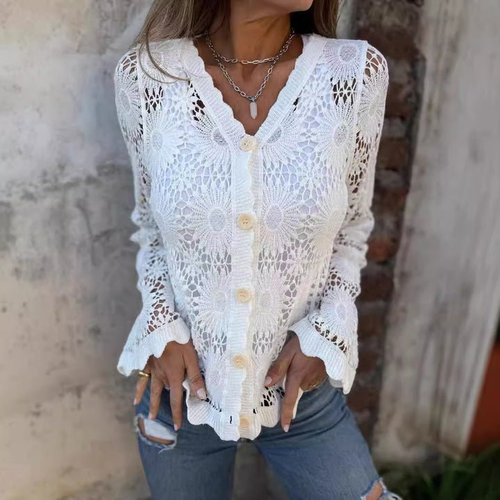Damen Häkeljacke mit floralen Mustern und Knopfverschluss Drune