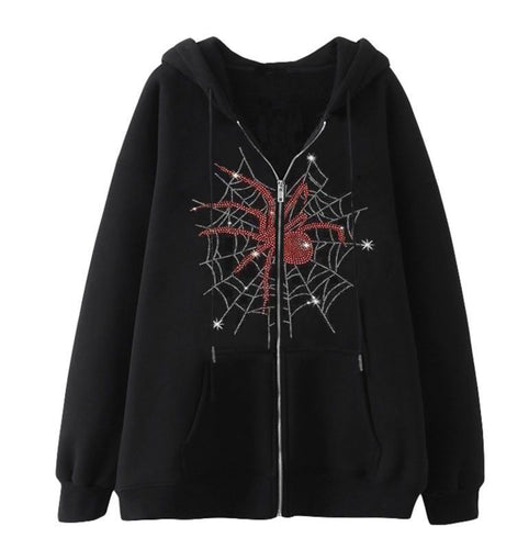 Damen Kapuzenjacke mit funkelndem Spinnenmotiv und praktischen Taschen Drune