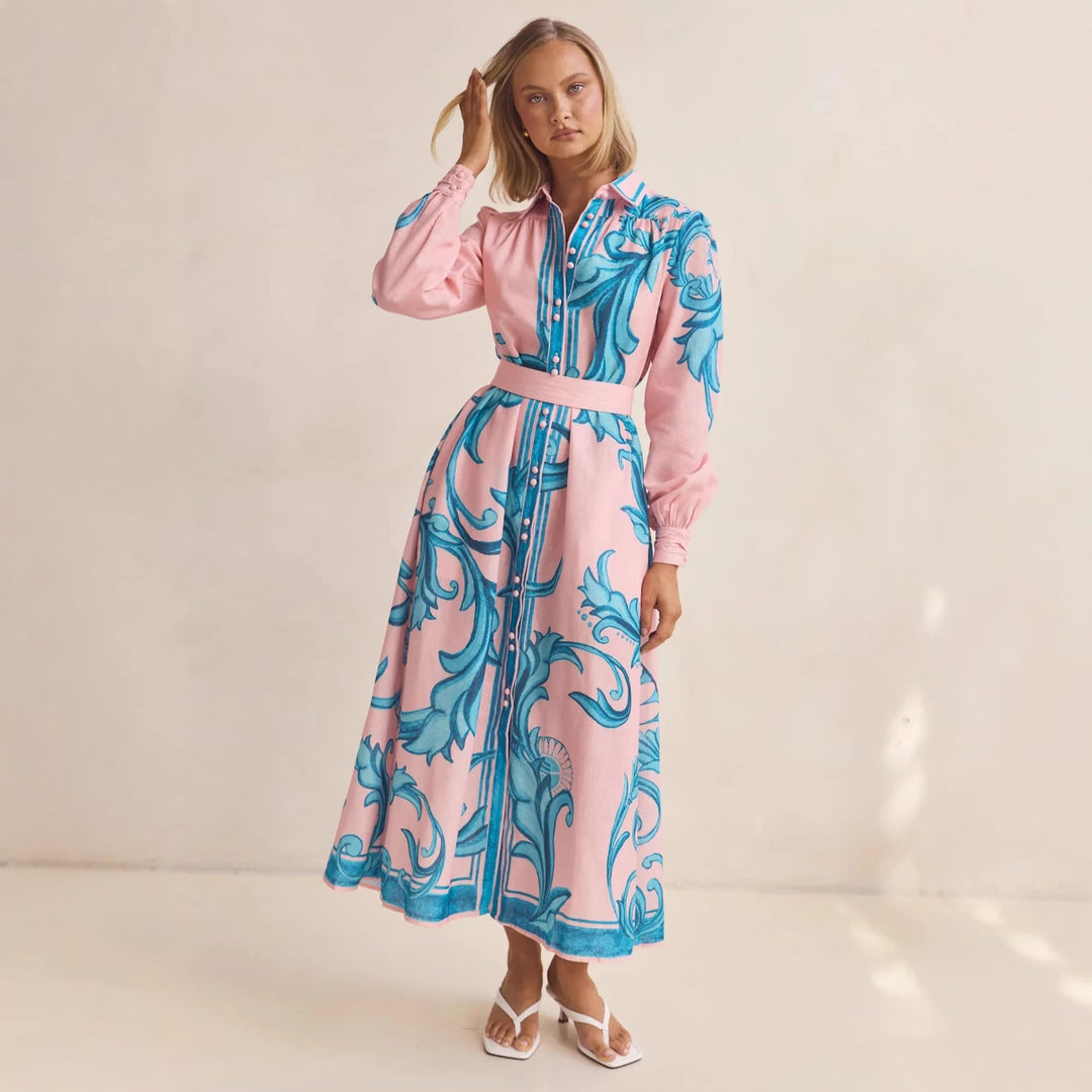 Damen Langarmhemdkleid mit floralen Akzenten und Taillengürtel Drune