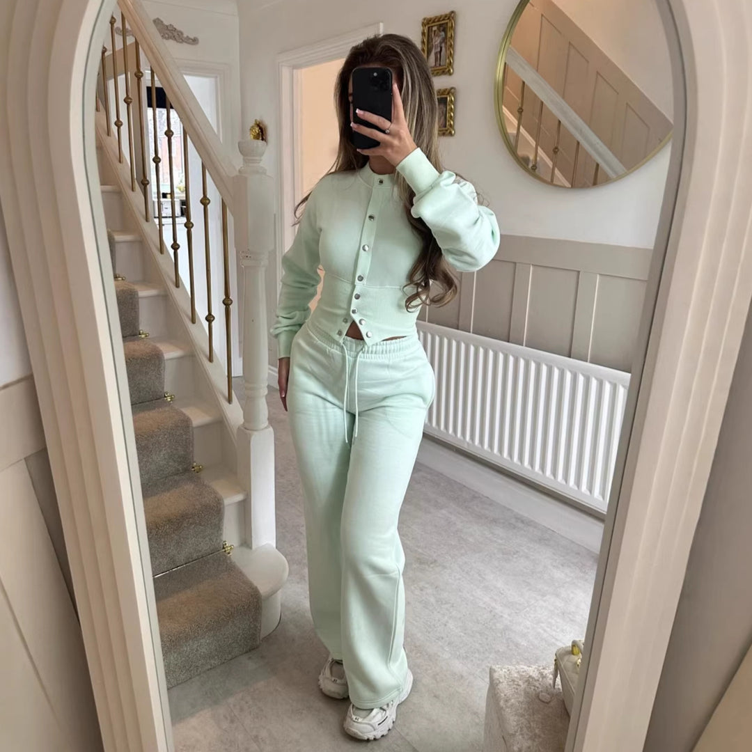 Damen gemütliches Strick-Loungewear-Set mit Knopfleiste Drune