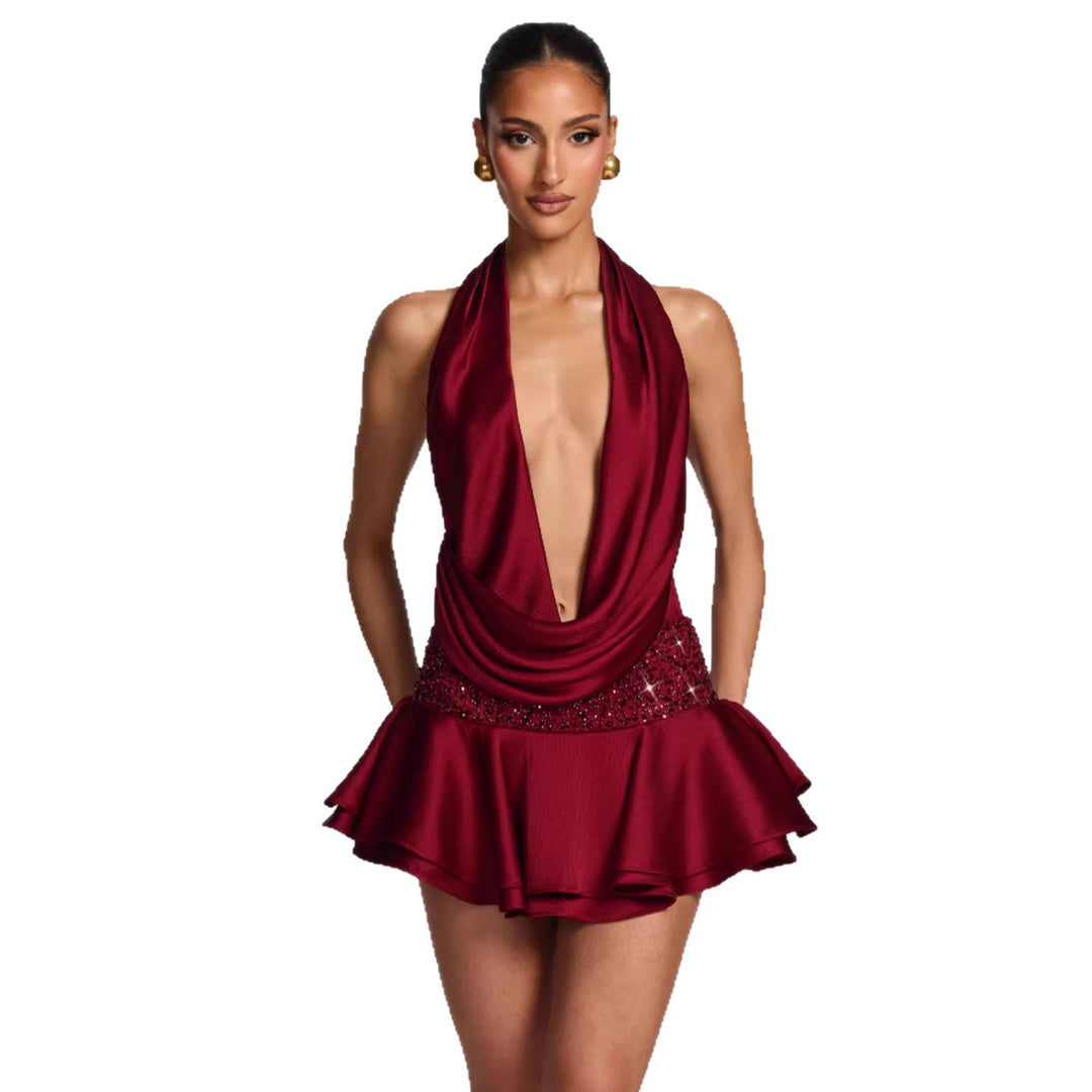 Damen elegantes Wickelkleid mit tiefem V-Ausschnitt und schwingendem Rock Drune