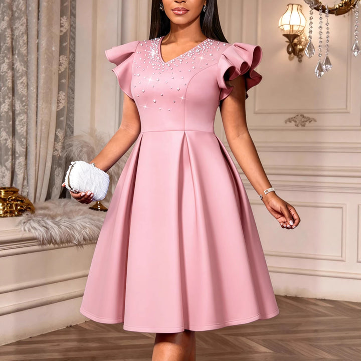 Damen Elegantes Kleid mit funkelndem Strass-Besatz und voluminösen Ärmeln Drune
