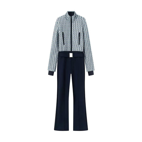 Damen nan kurz geschnittenes Bouclé-Blouson-Set mit Stehkragen, verdecktem Reißverschluss und High-Waist Schlaghose Drune