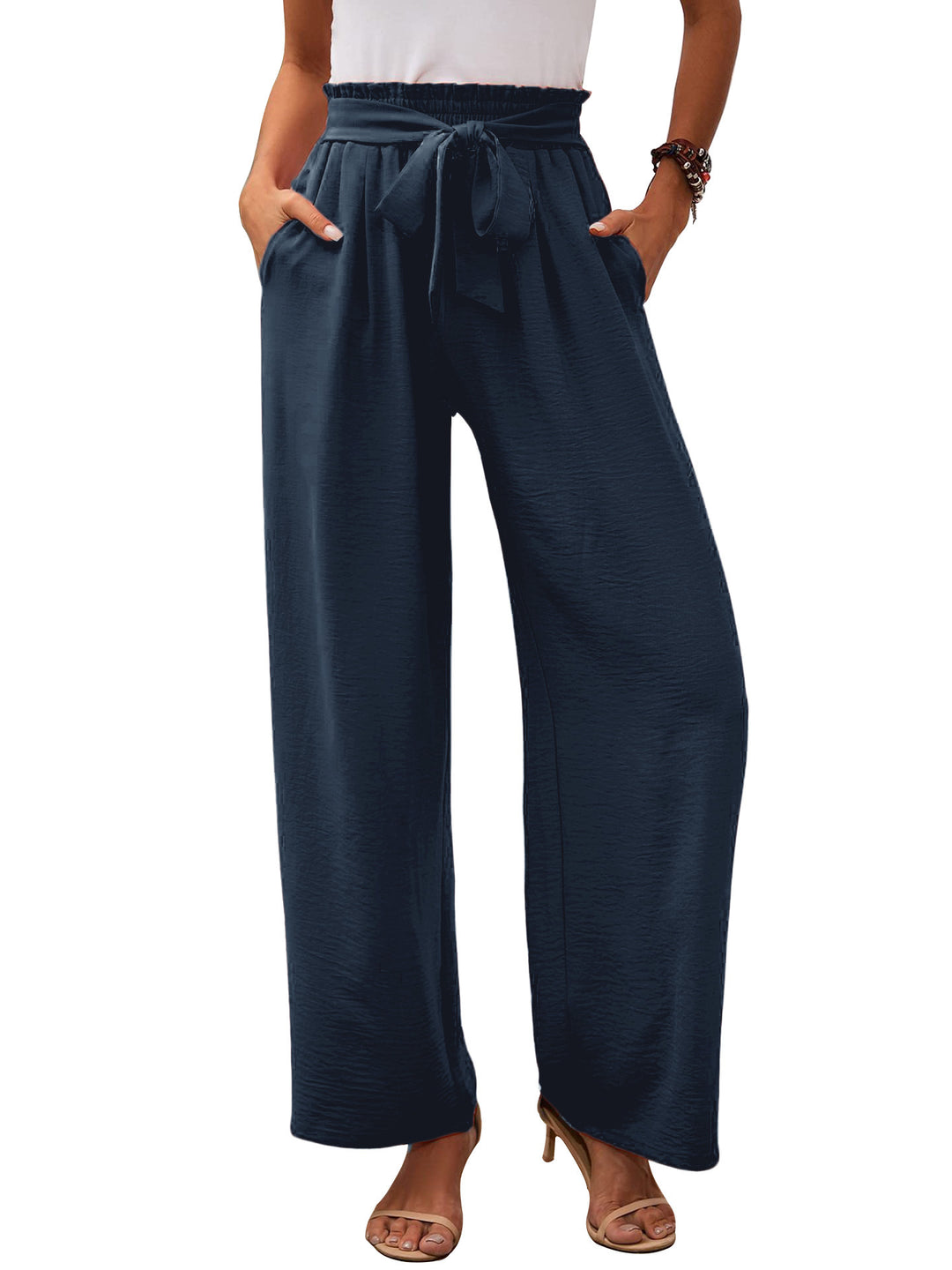 Damen nan Paperbag-Hose mit weitem Bein, hohem elastischem Bund und Bindegürtel Drune