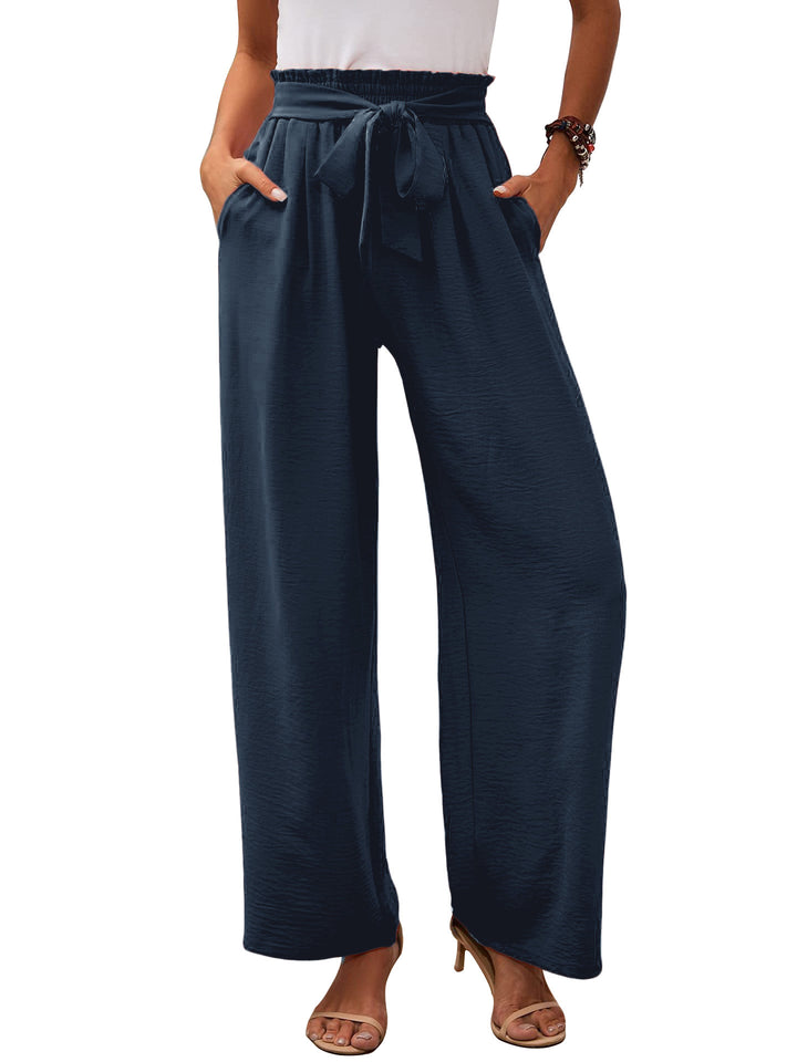 Damen nan Paperbag-Hose mit weitem Bein, hohem elastischem Bund und Bindegürtel Drune