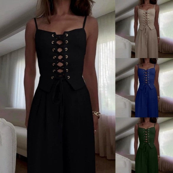 Damen Jumpsuit mit femininer Schnürung und weit geschnittenem Bein Drune