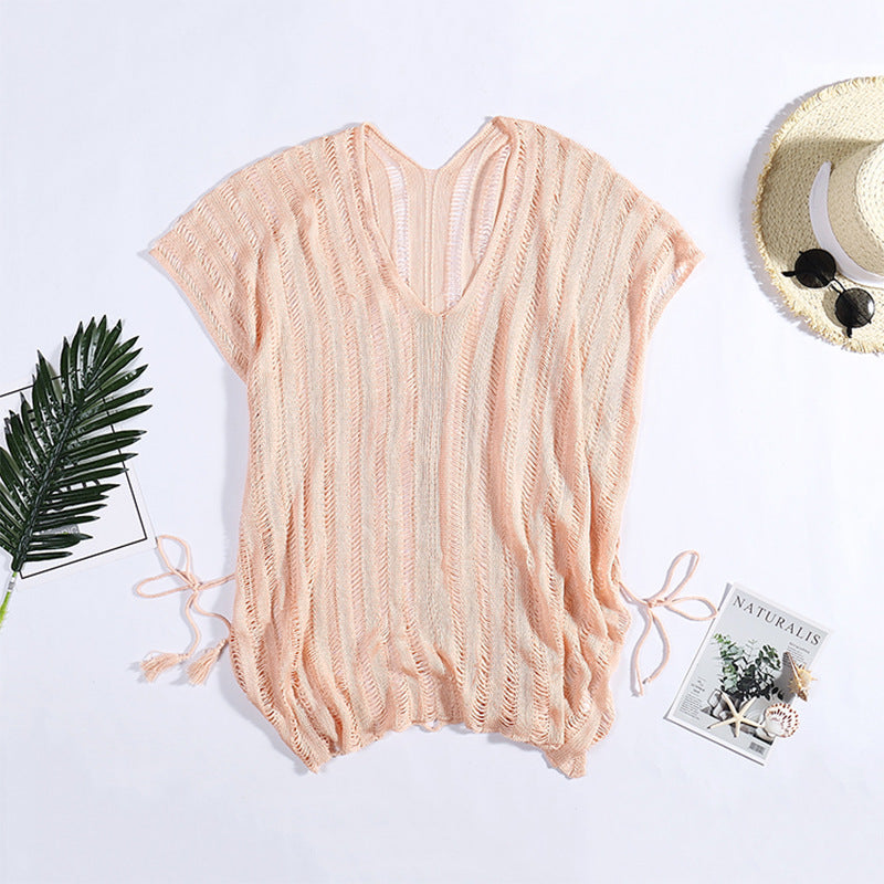 Damen lässige Strickbluse mit seitlichen Bindebändern Drune