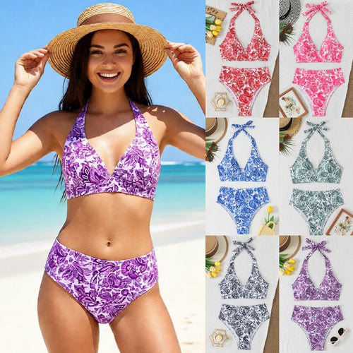 Damen Hochtailliertes Bikini-Set mit floralem Design und verspieltem Halteroberteil Drune