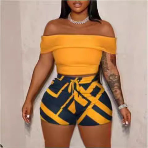 Damen Off-Shoulder Top und Hohe Taille Shorts Set Drune