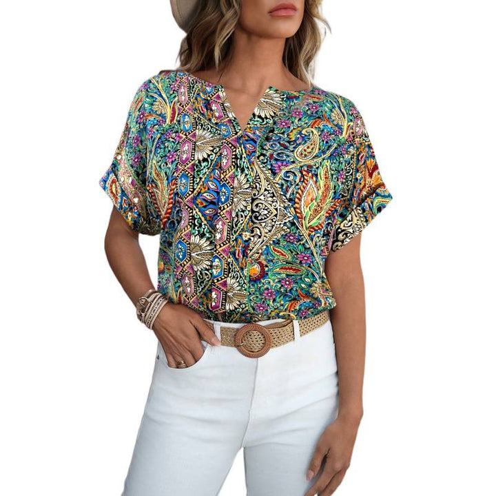Damen Kurzarm Bluse mit buntem Druck und V-Ausschnitt Drune