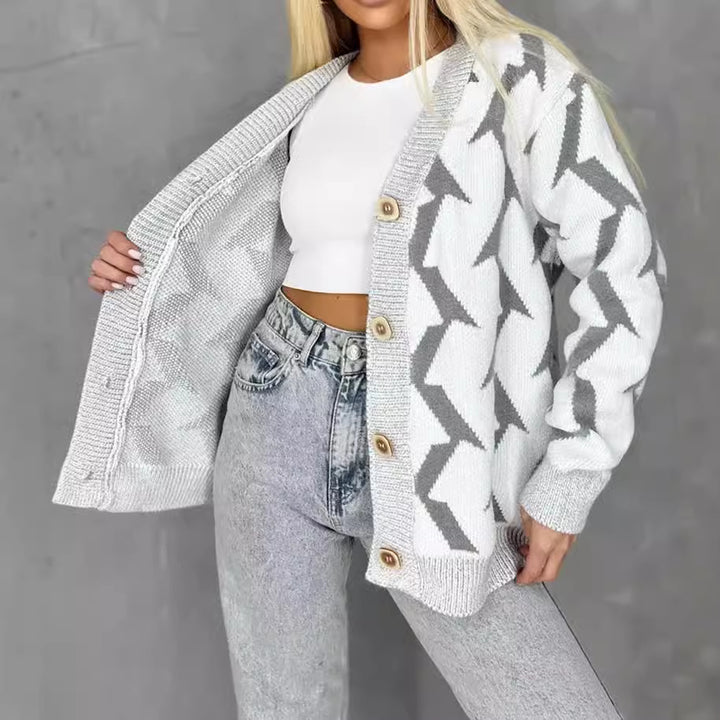 Damen lässige Strickjacke mit modernem Blitzenmuster Drune