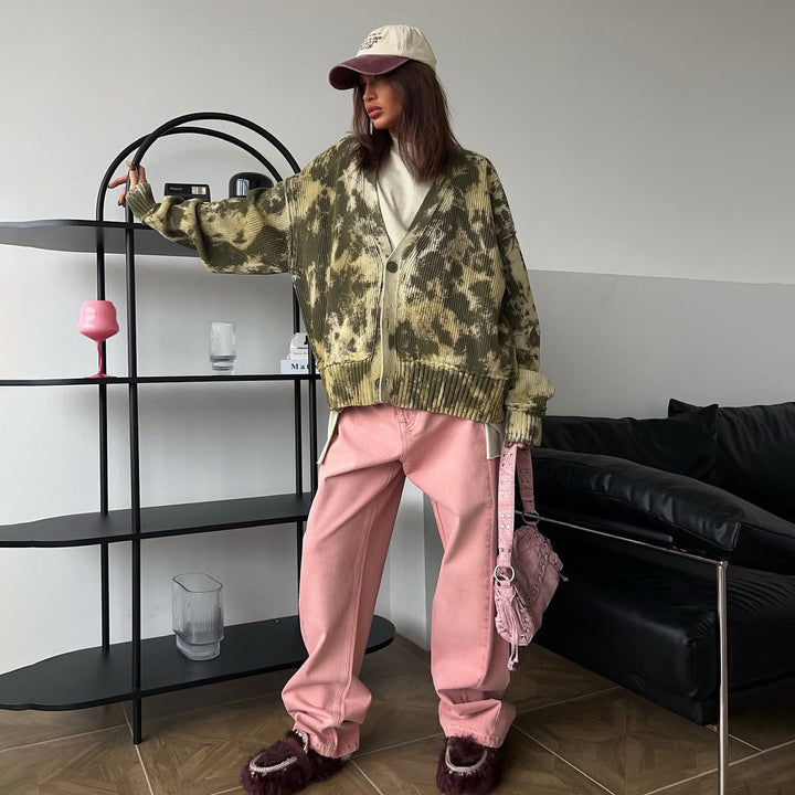 Damen Oversized Strickjacke im modernen Tie-Dye-Design Drune