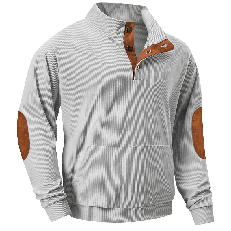 Herren nan geripptes Stehkragen-Sweatshirt mit Knopfleiste, Kängurutasche und Velours-Ellenbogenbesatz Drune