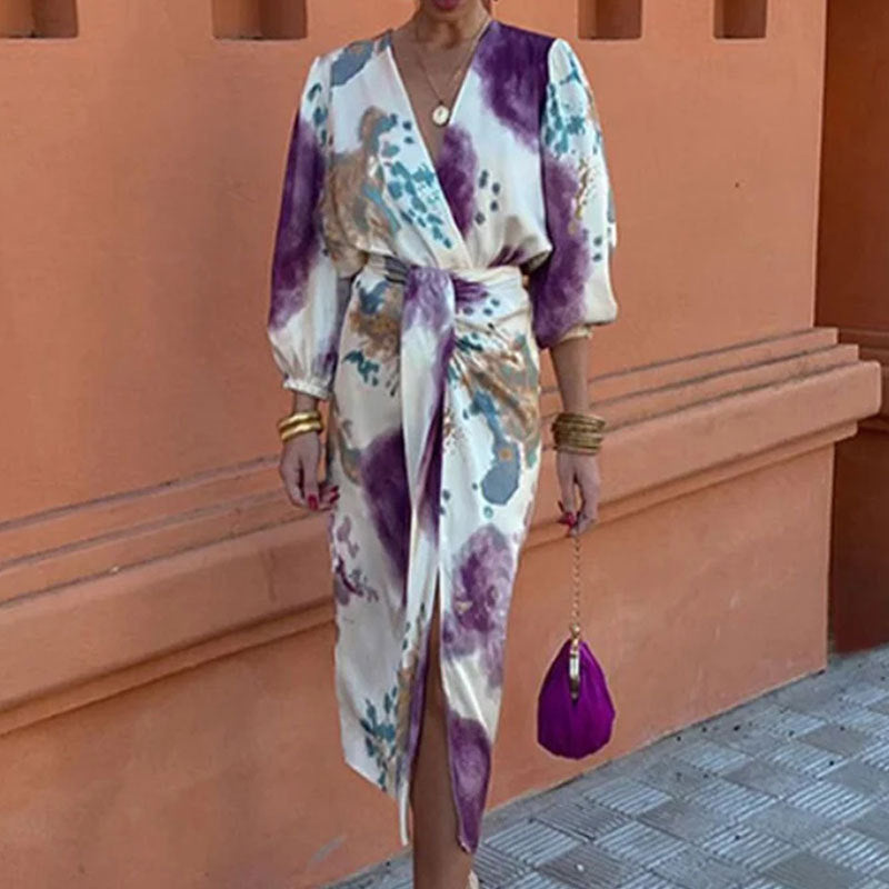 Damen Wickelkleid mit kunstvollem Farbdesign und seitlichem Schlitz Drune