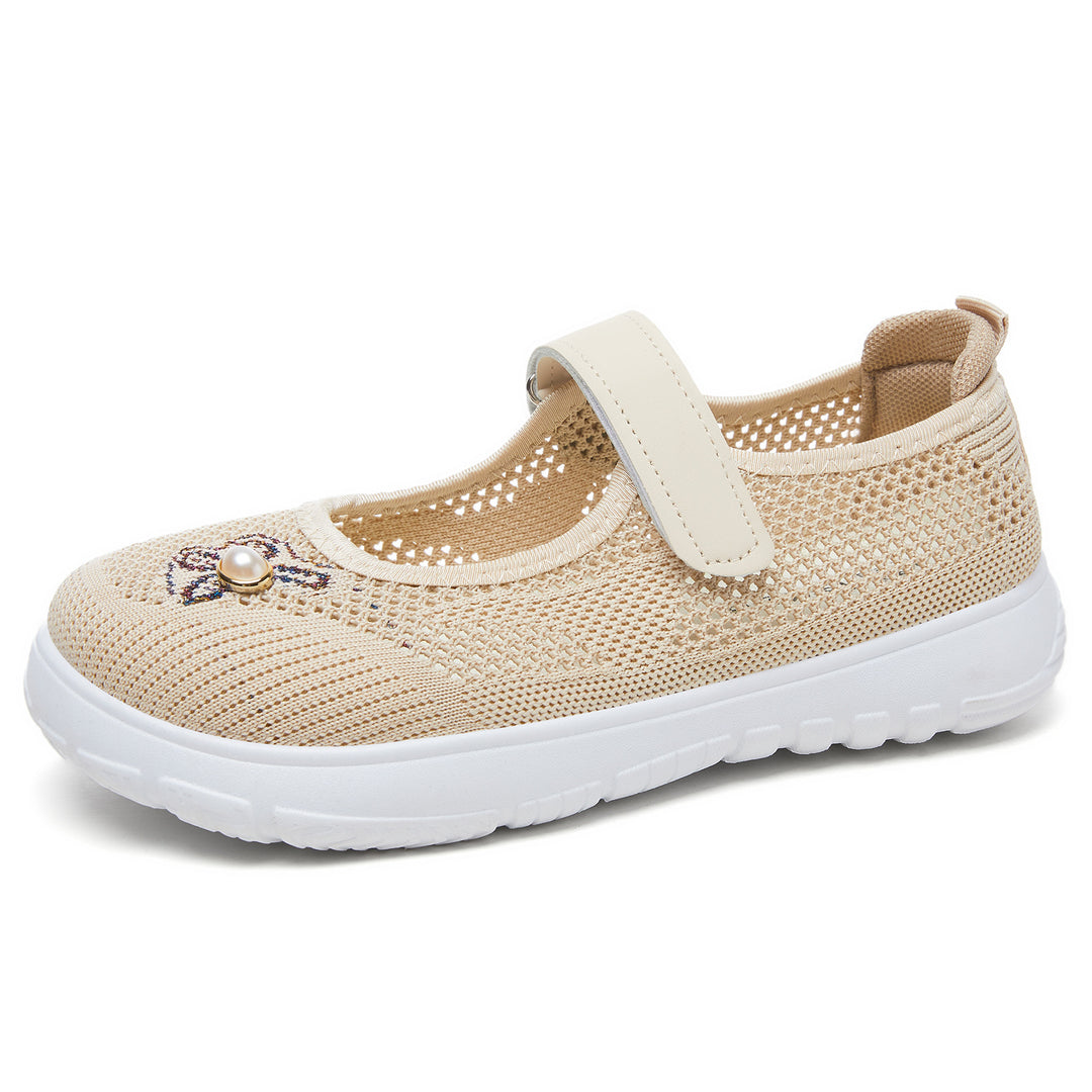 Damen nan gestrickter Mary-Jane-Sneaker mit Klettriemen, atmungsaktivem Strickoberteil, dekorativer Perlenapplikation und dämpfender EVA-Sohle Drune