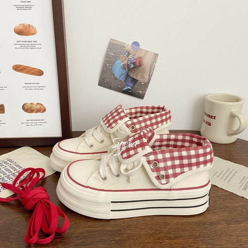 Damen Plateau Sneakers mit modischem Karomuster und elastischen Schnürsenkeln Drune