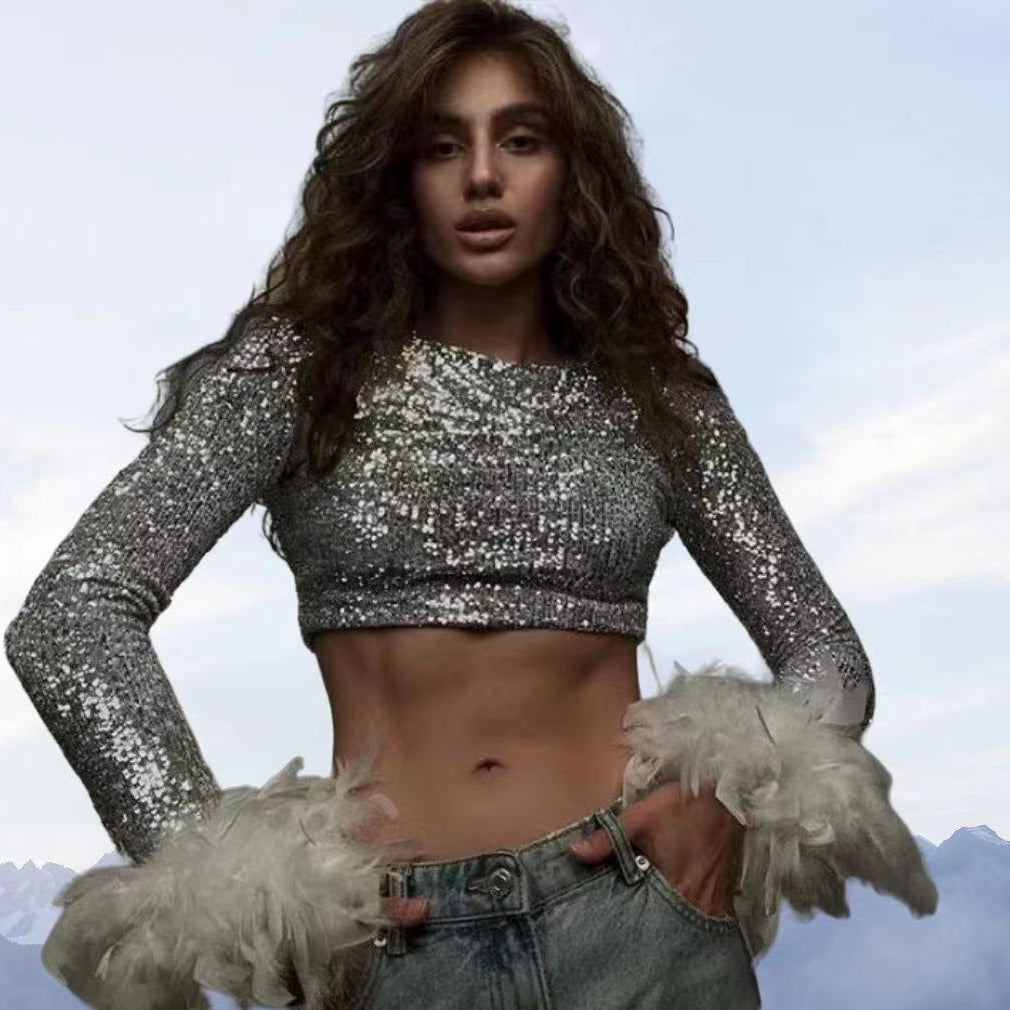 Damen Cropped Oberteil mit funkelndem Paillettenbesatz und fluffigen Ärmelbündchen Drune