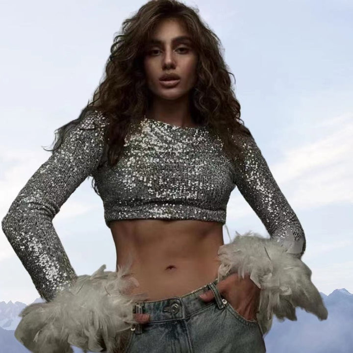 Damen Cropped Oberteil mit funkelndem Paillettenbesatz und fluffigen Ärmelbündchen Drune