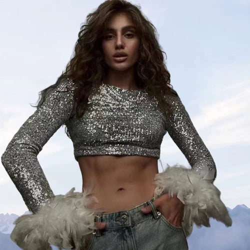 Damen Cropped Oberteil mit funkelndem Paillettenbesatz und fluffigen Ärmelbündchen Drune
