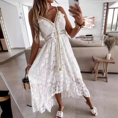 Damen Spitzen Maxi-Kleid mit zarten Häkel- und Rüschendetails Drune