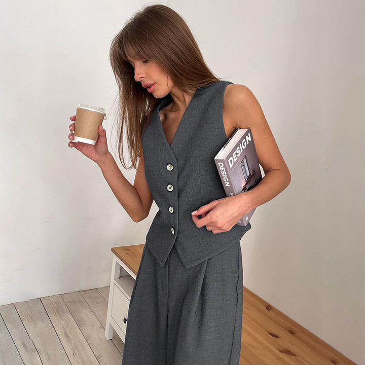 Damen Zweiteiler Ensemble mit taillierter Weste und weiten Hosen Drune
