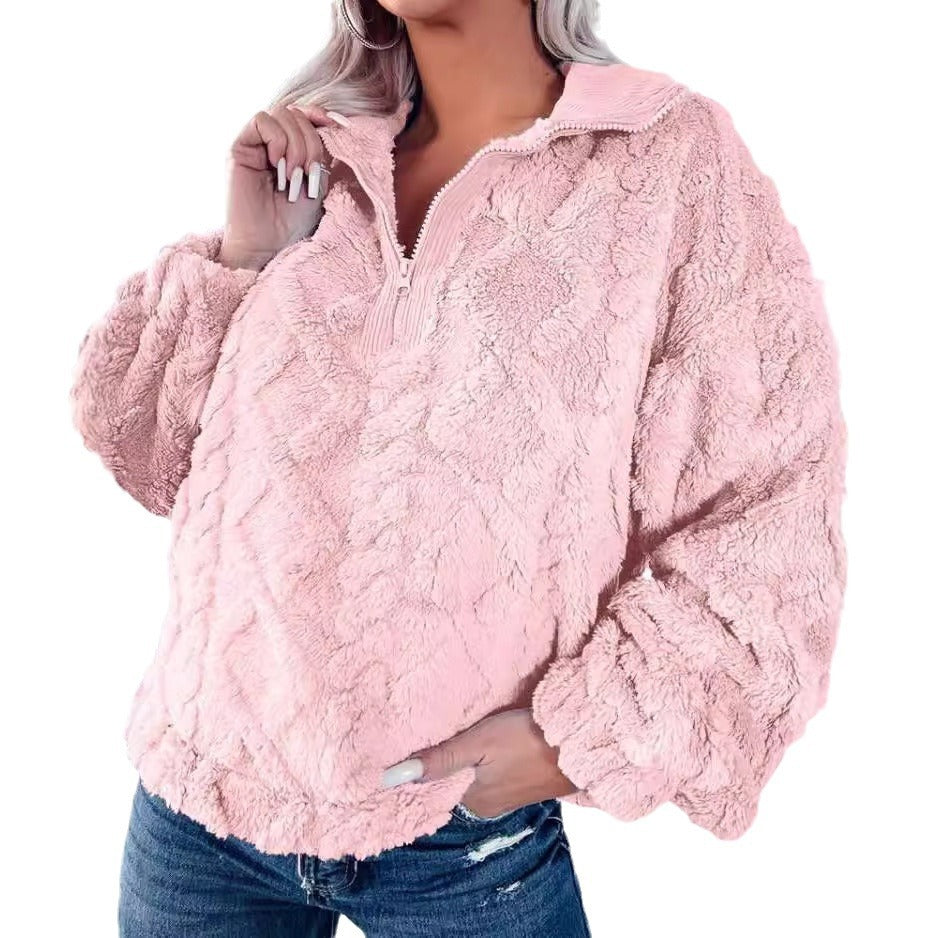 Damen nan Plüsch-Sherpa-Pullover mit halbem Reißverschluss, Stehkragen und oversized Silhouette Drune