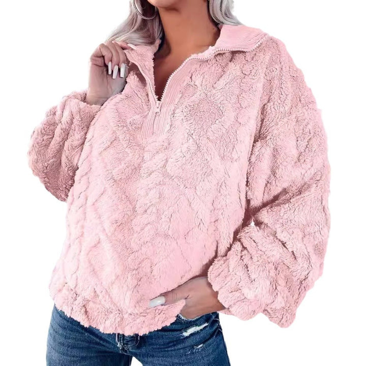 Damen nan Plüsch-Sherpa-Pullover mit halbem Reißverschluss, Stehkragen und oversized Silhouette Drune