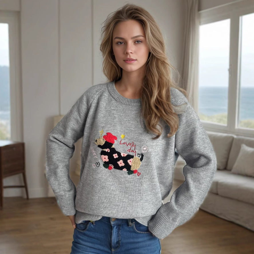Damen Pullover mit tierischem Motiv und dekorativen Stickereien Drune