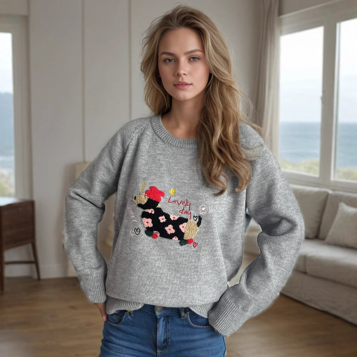 Damen Pullover mit tierischem Motiv und dekorativen Stickereien Drune