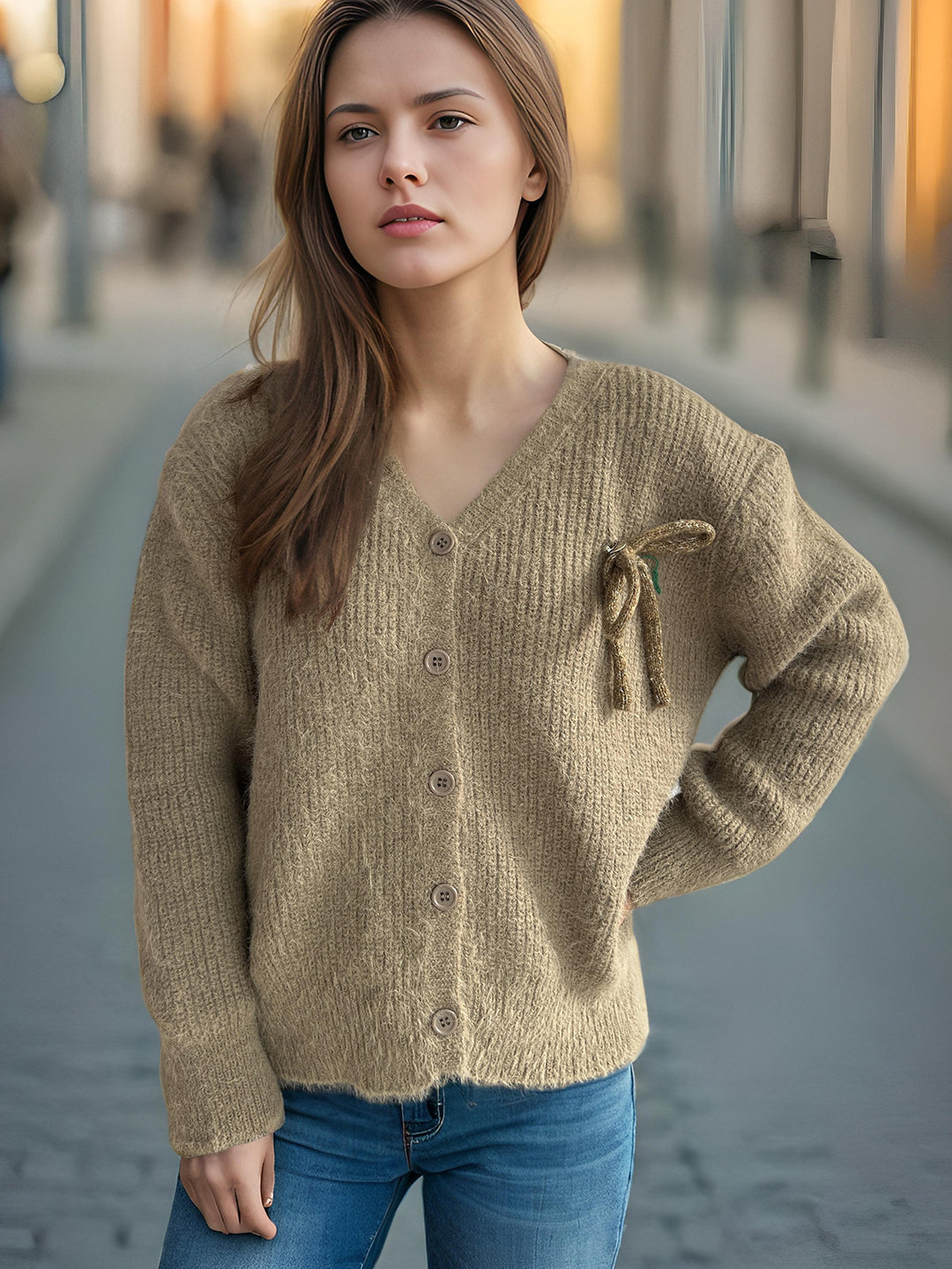 Damen gemütlicher Strickcardigan mit feiner Struktur und dekorativen Knopfdetails Drune