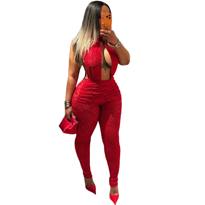 Damen Eleganter Spitzen-Jumpsuit mit tiefem V-Ausschnitt und tailliertem Design Drune