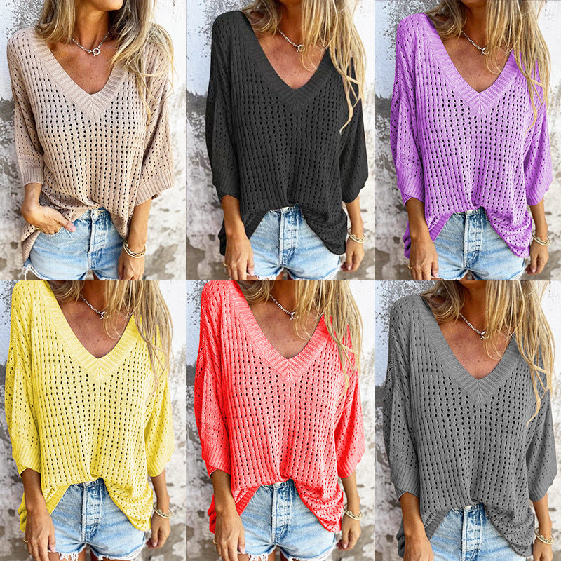 Damen nan luftig gestrickter V-Ausschnitt Pullover im Oversize-Schnitt Drune