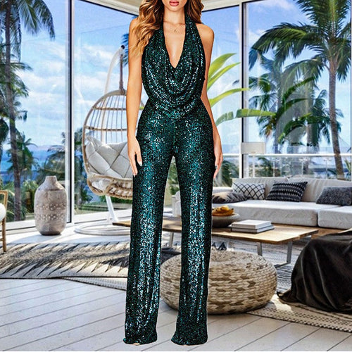 Damen Glamouröser Jumpsuit mit schimmerndem Paillettenbesatz und tiefem V-Ausschnitt Drune